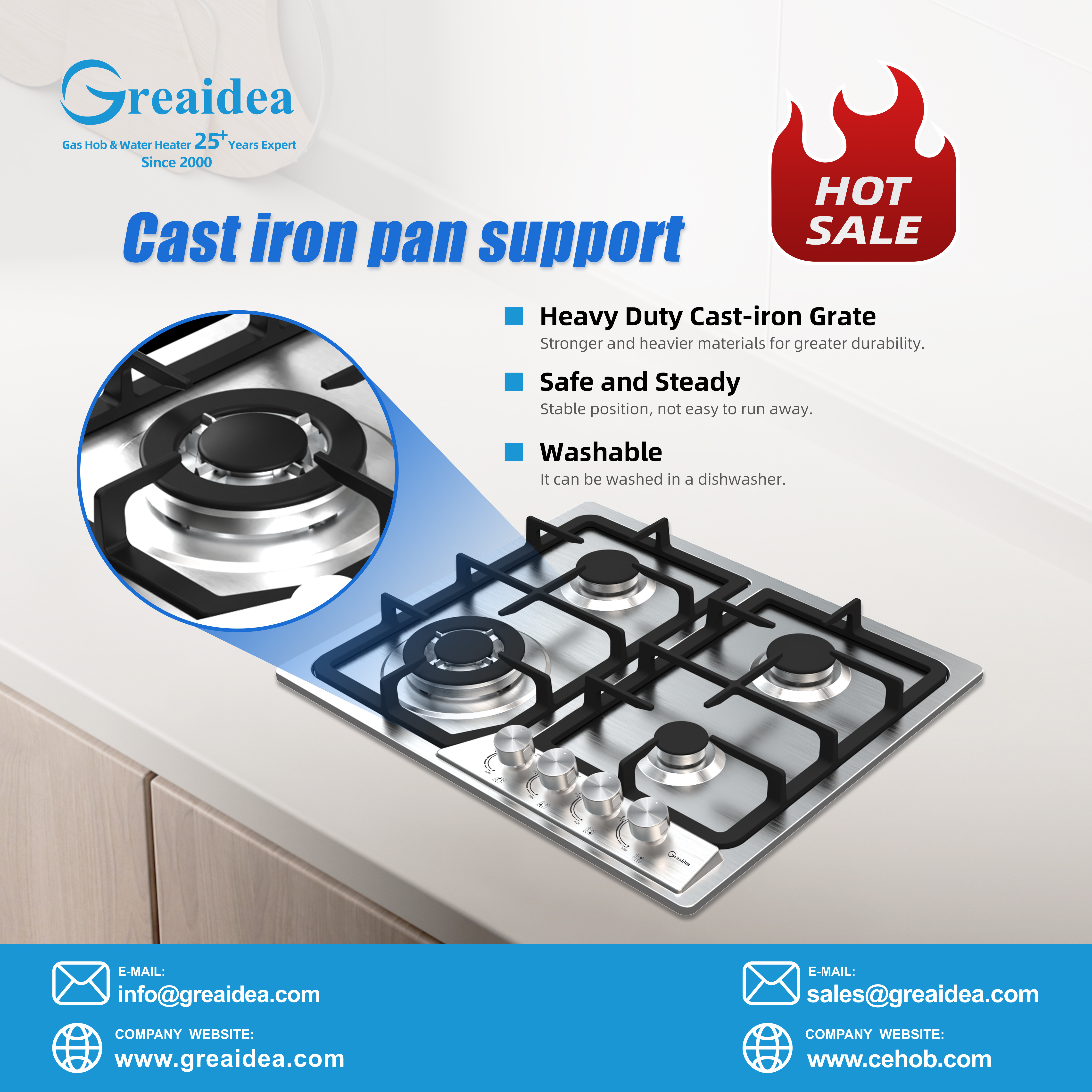 Greaidea's 4 burner gas hob with cast iron pan support