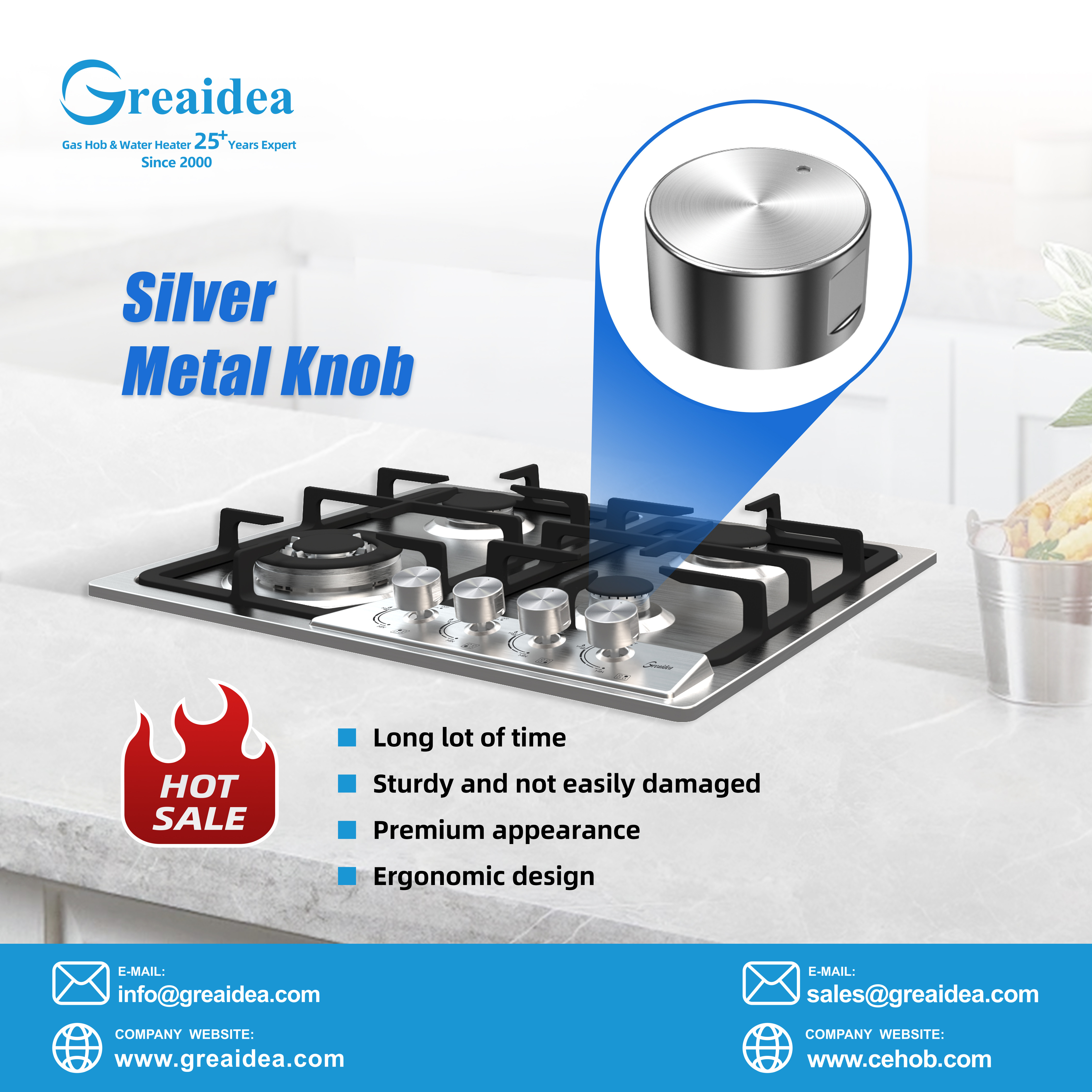 Greaidea's built in gas hob with silver metal knob