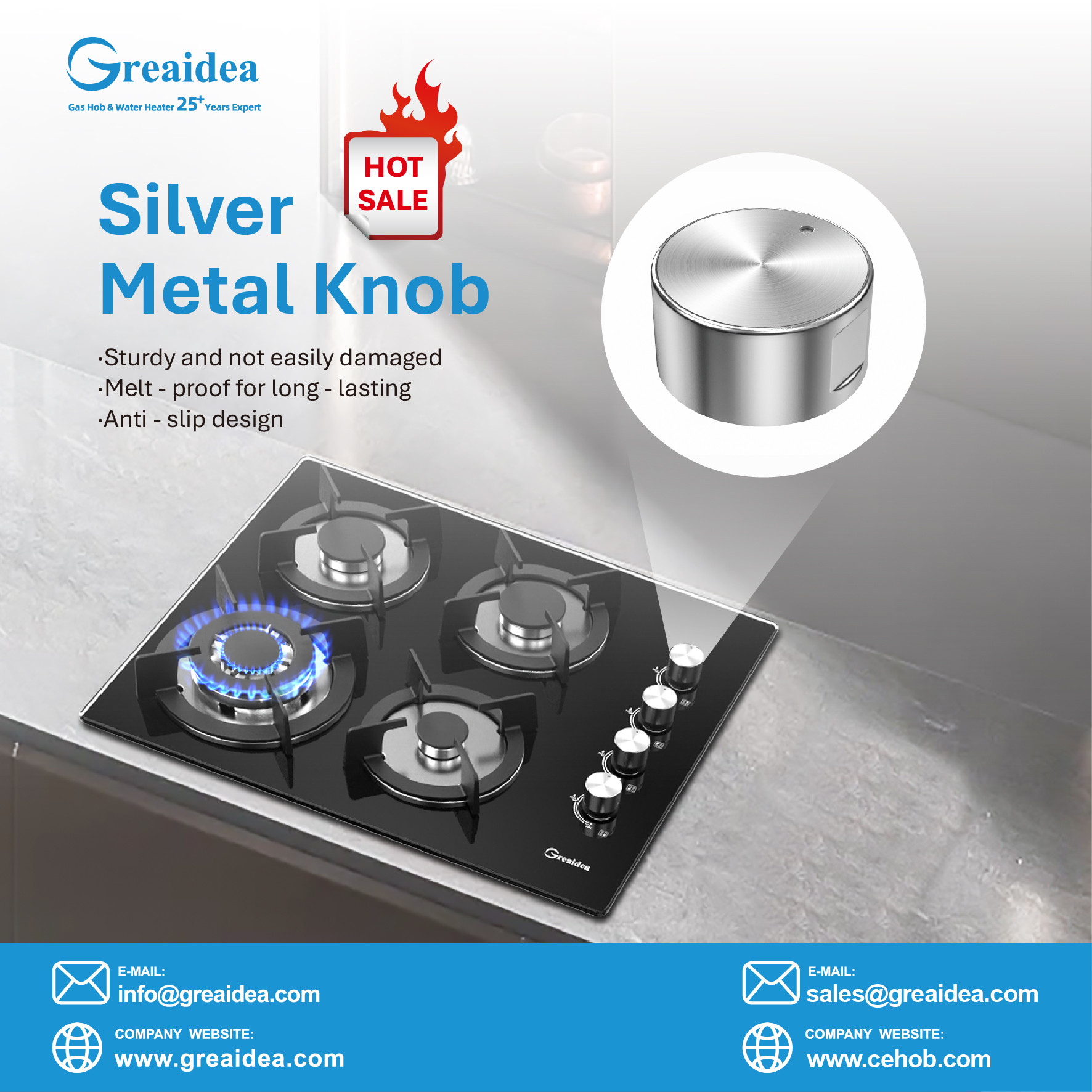 Greaidea's 4 burner glass gas hob with silver metal knob