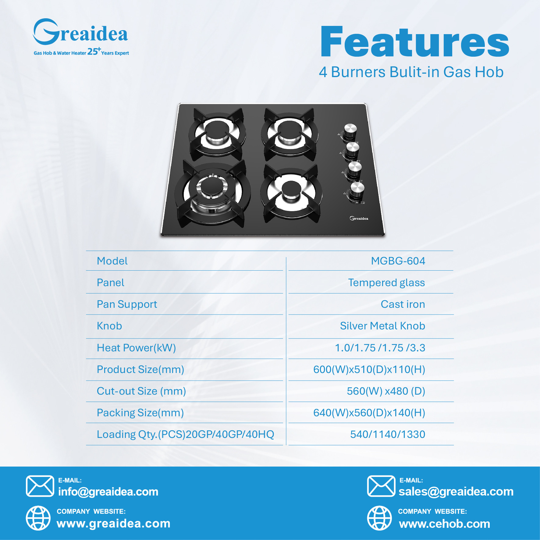 Features of 4 burner built in gas hob