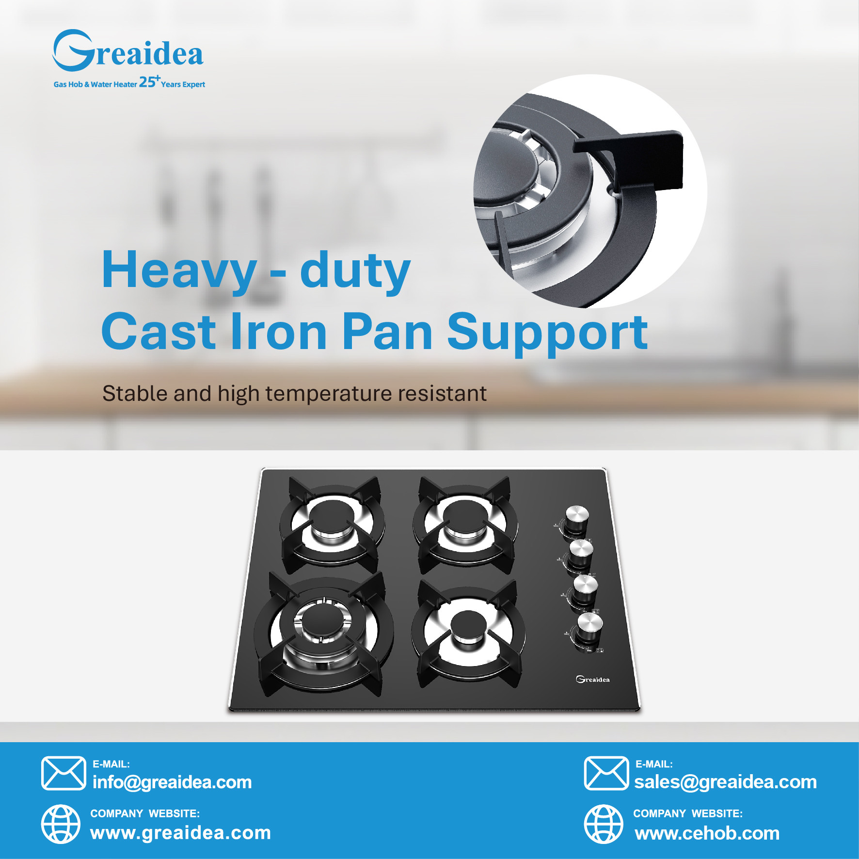 Greaidea's glass gas hob with cast iron pan support