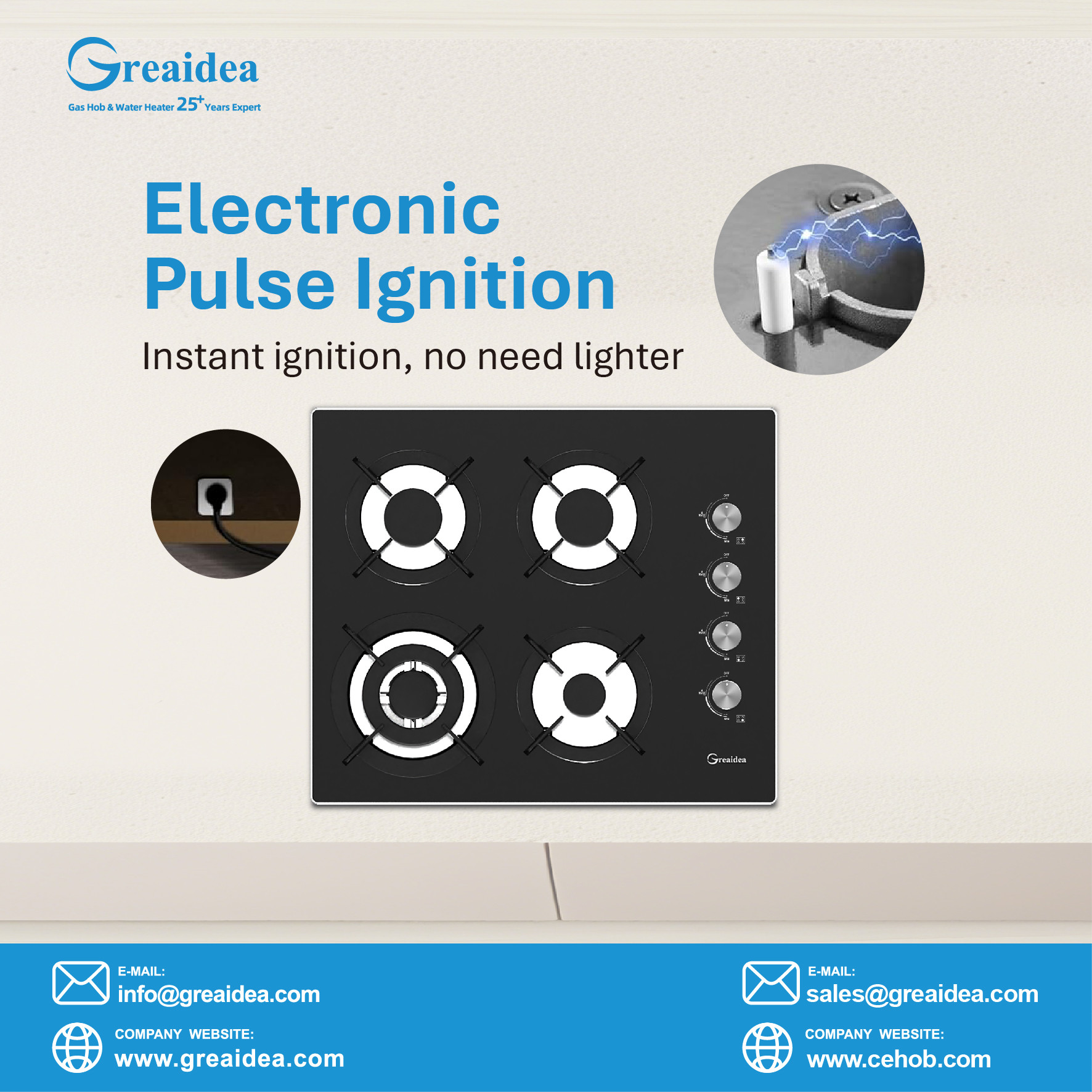 Greaidea's 4 burner gas hob with electronic pulse ignition