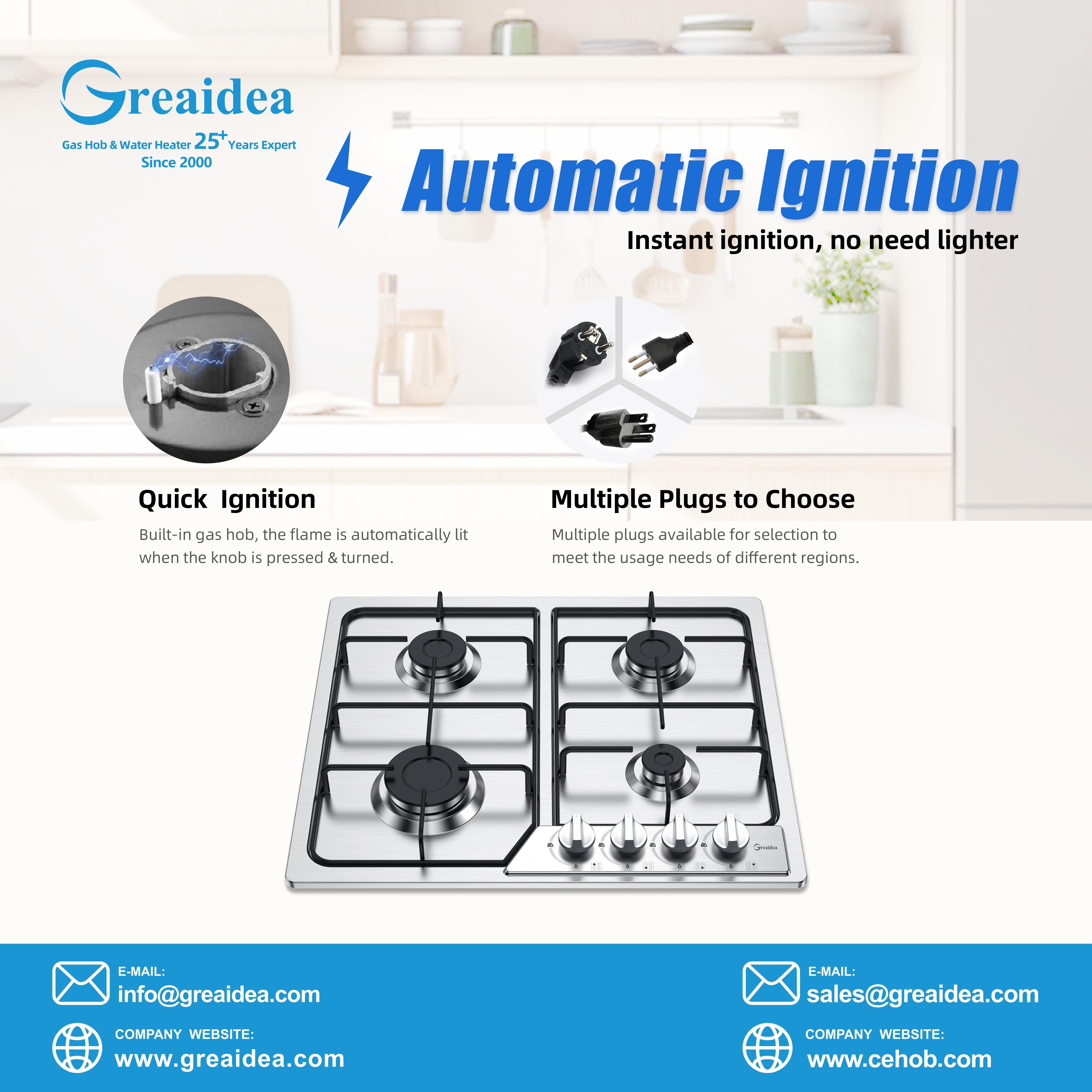 Greaidea's built in 4 burner gas hob with automatic ignition