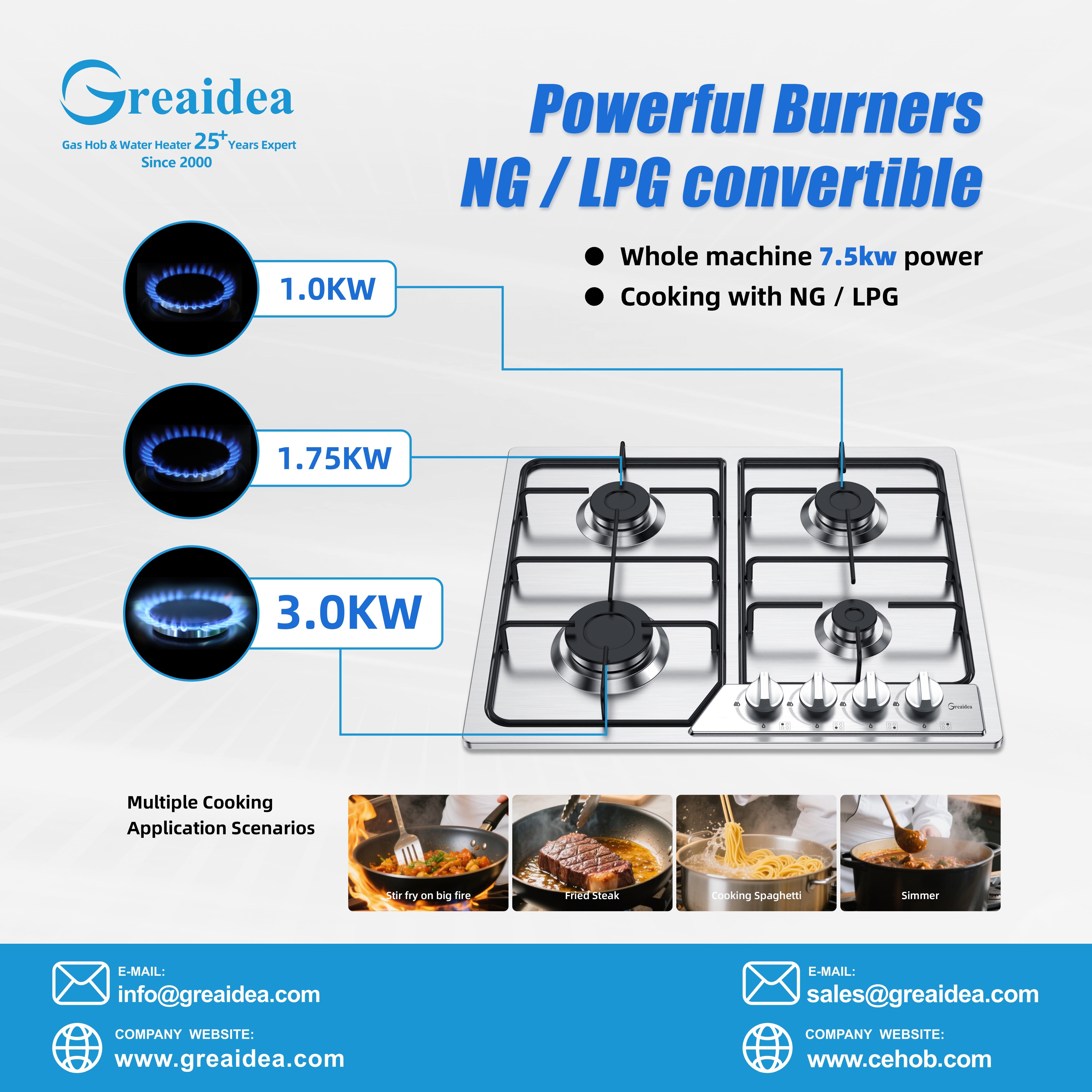 Greaidea's stainless steel four-burner gas hob is equipped with high-efficiency burners and high-power burners