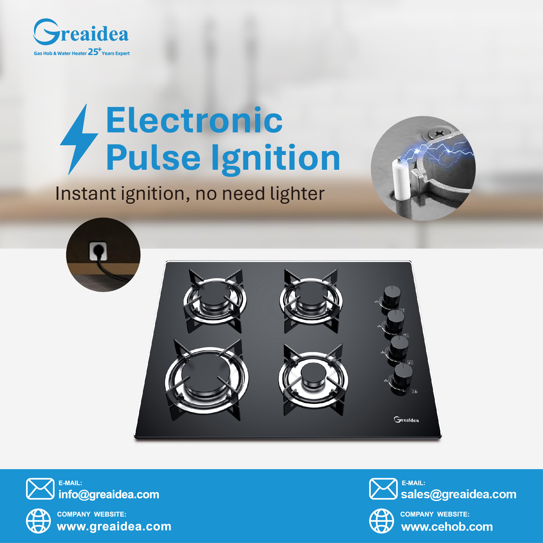 Greaidea's 4 burner gas hob with electronic pulse ignition