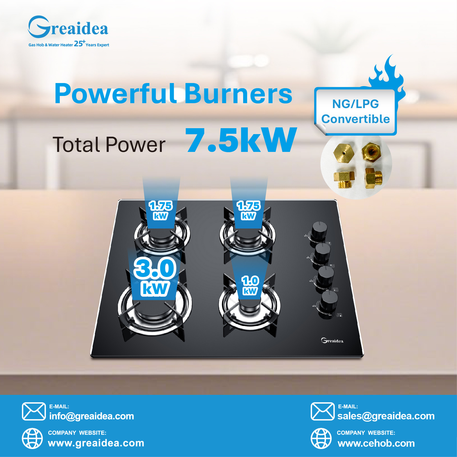 Greaidea's built in gas hob with powerful burners