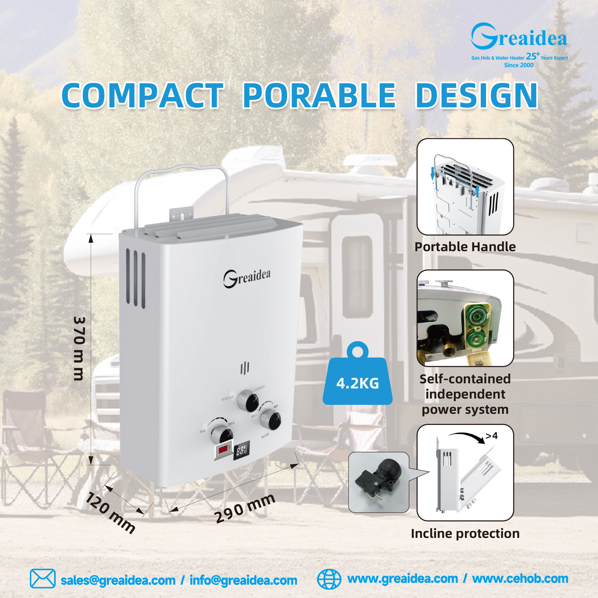 Greaidea's camping gas water heater with compact porable design