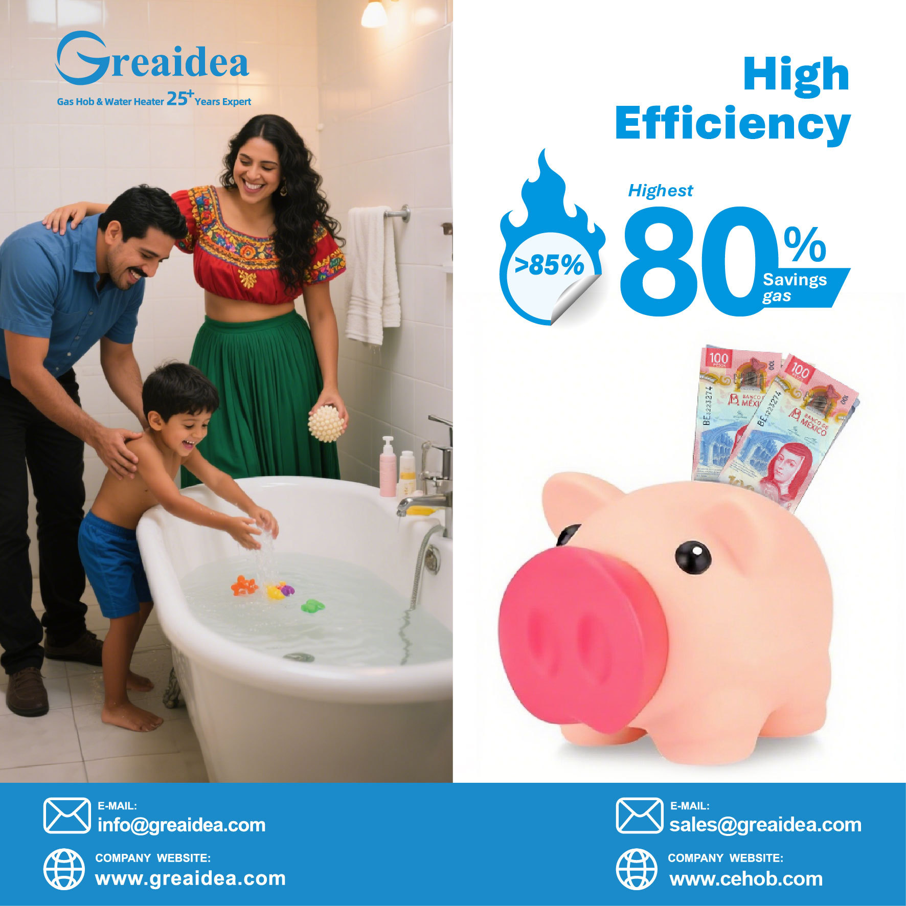 Greaidea's flue duct gas water heater saving 80% gas