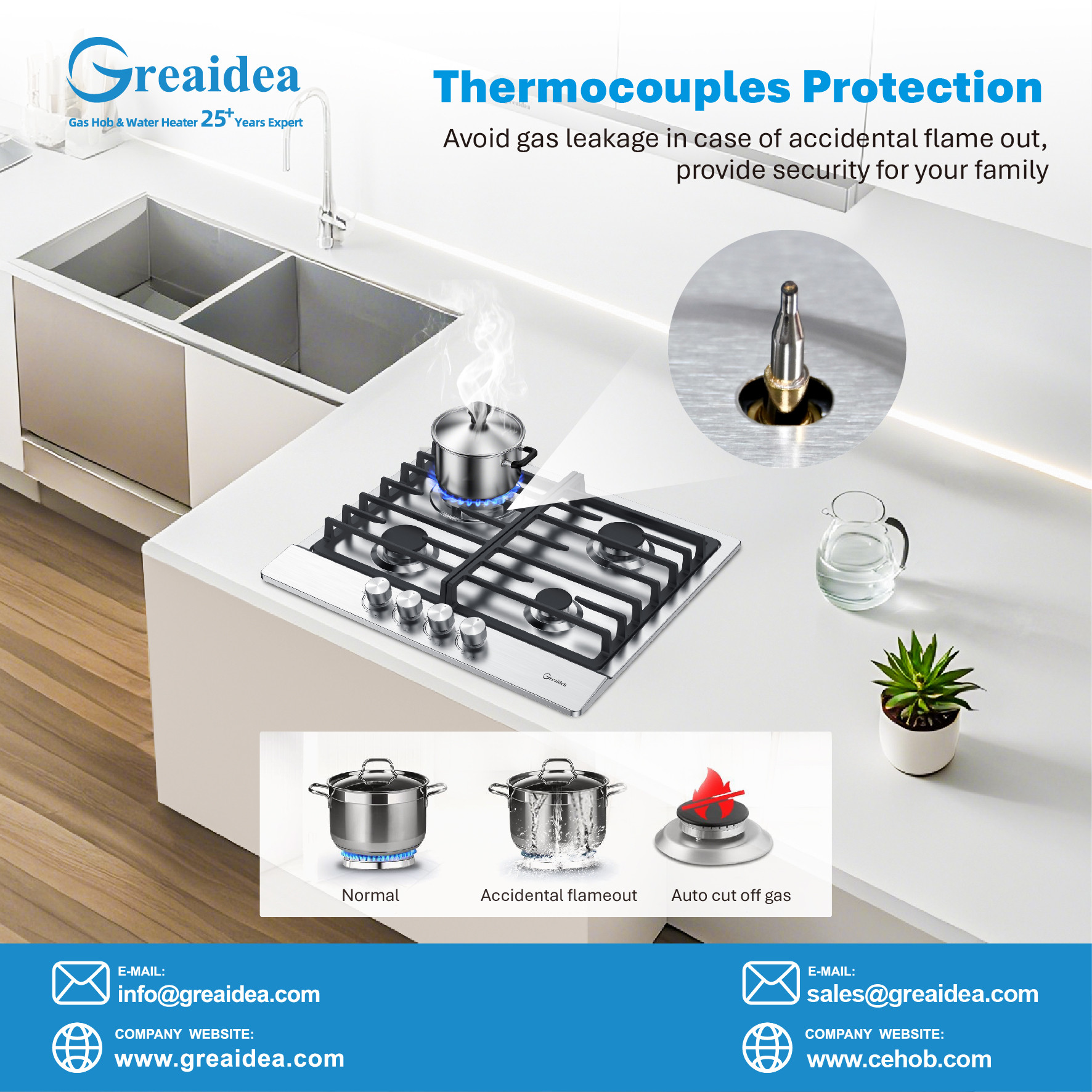 Greaidea's 4 burner gas hob with Thermocouples Protection