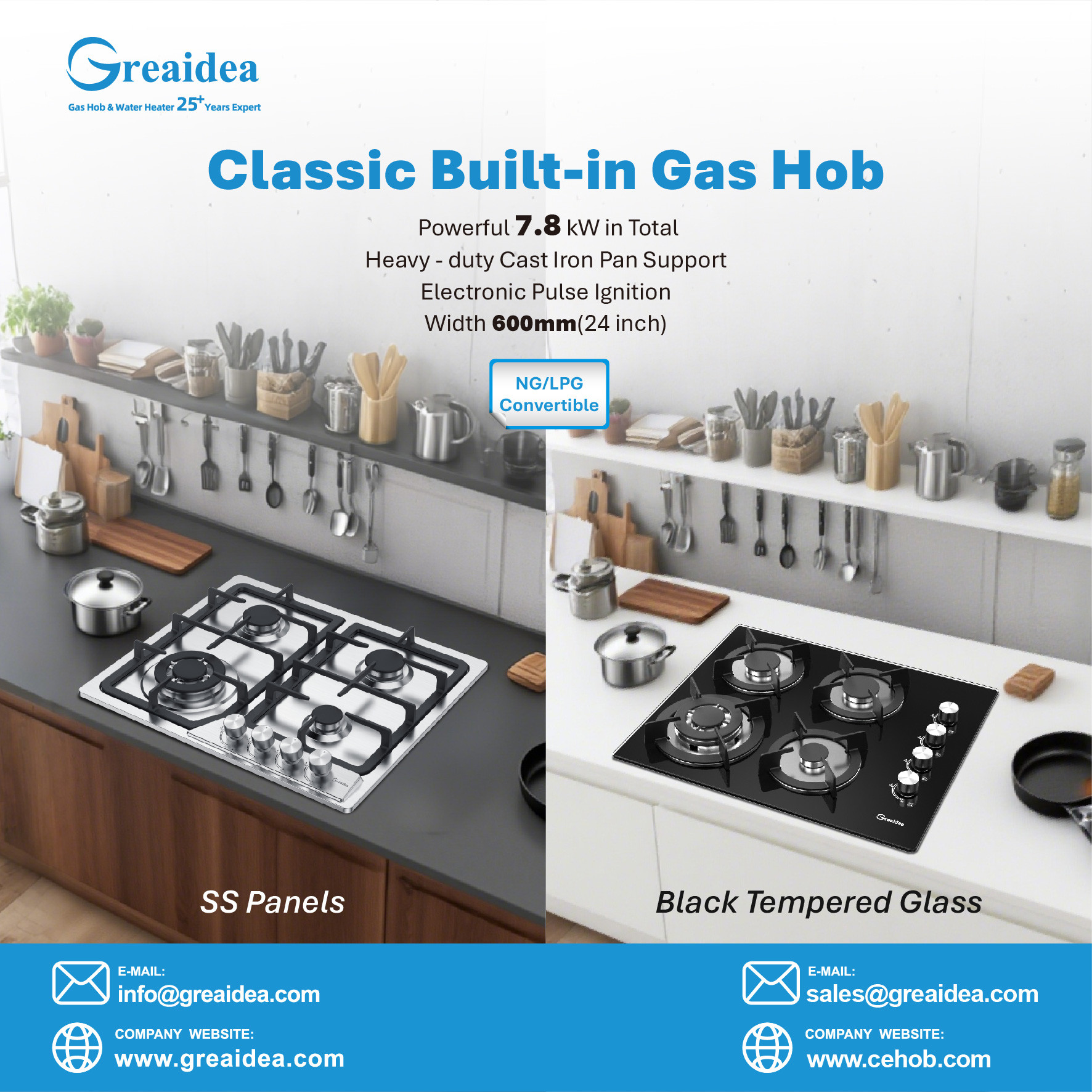 Greaidea's built in 4 burner gas hob