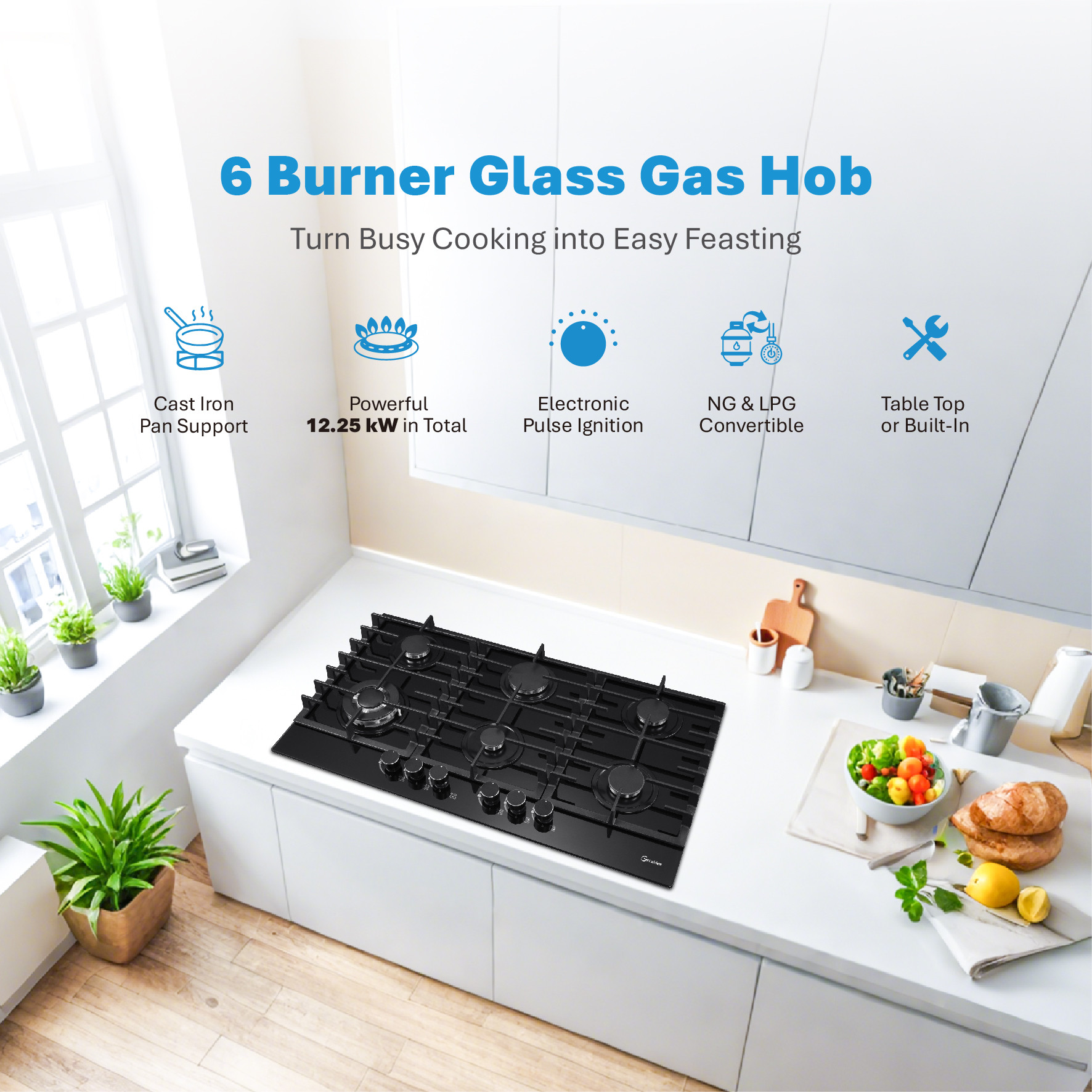 Greaidea's 6 Burner glass gas hob in kitchen