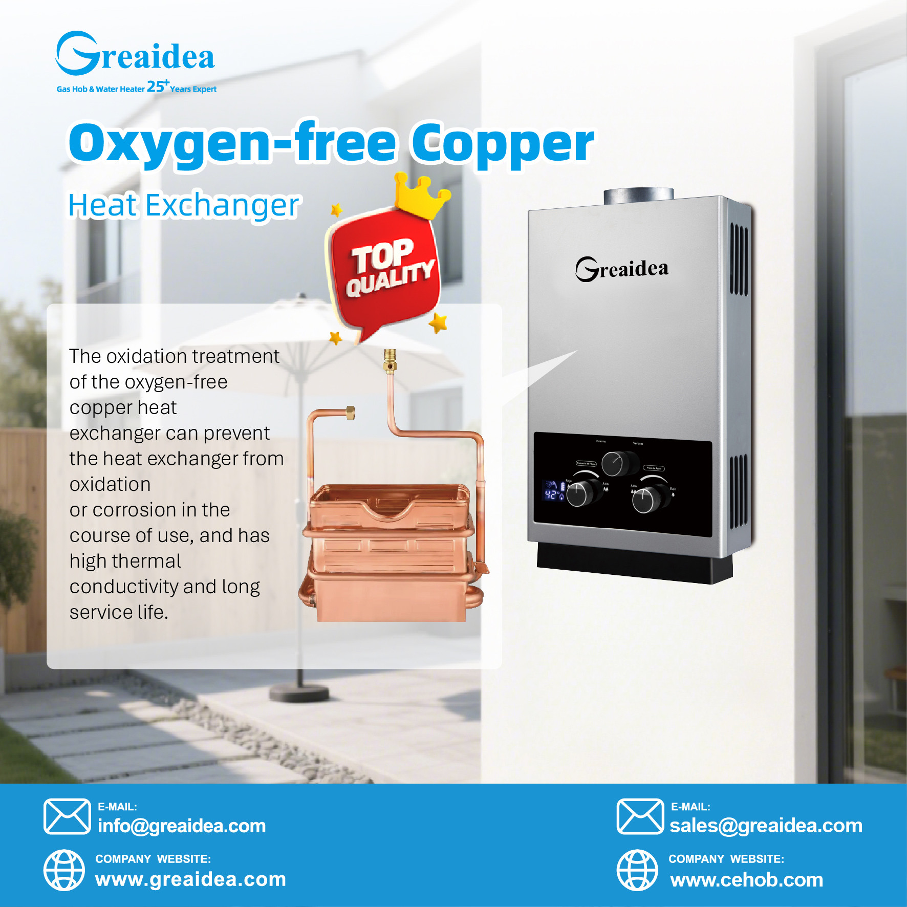 Greaidea's gas water heater with oxygen-free Copper Heat Exchanger