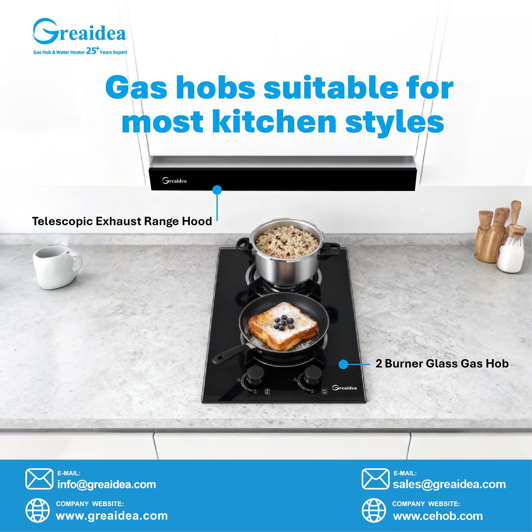 Greaidea's glass gas hob with telescopic exhaust range hood