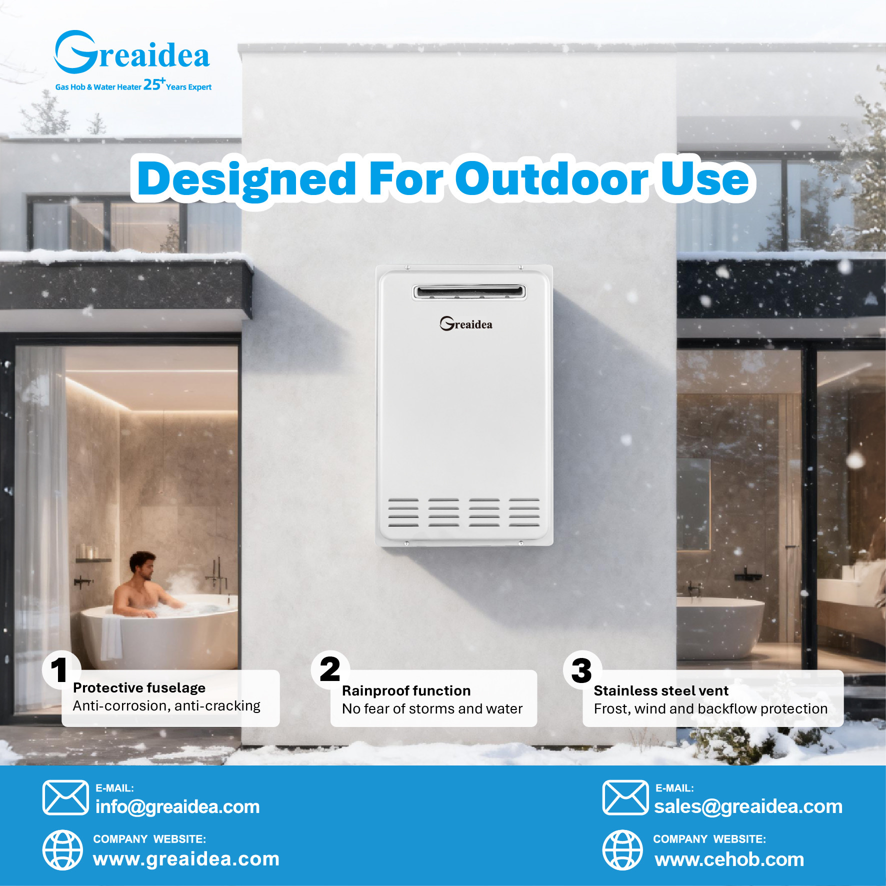 Greaidea's gas water heater designed for outdoor use
