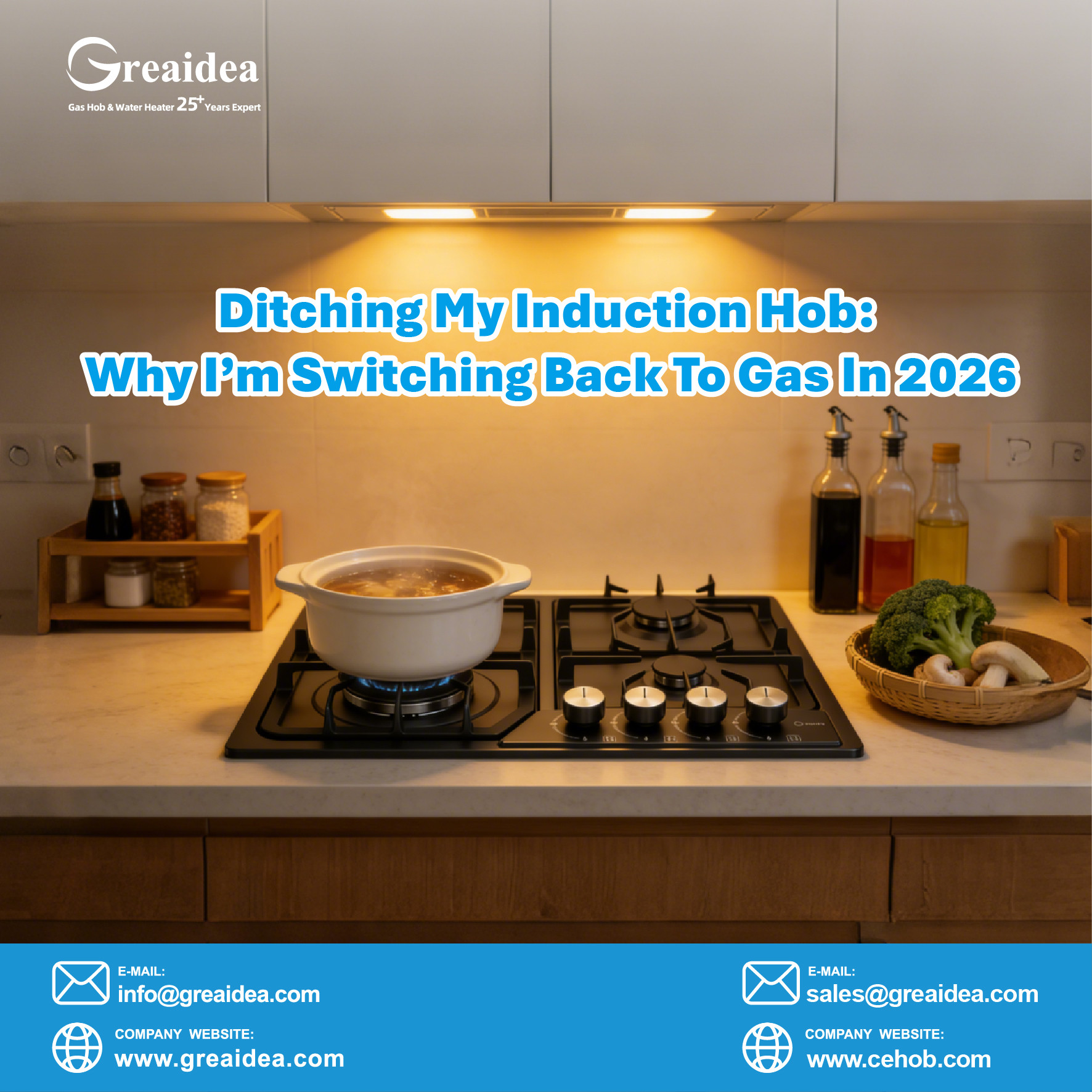 Greaidea's glass four-burner gas hob in a kitchen setting
