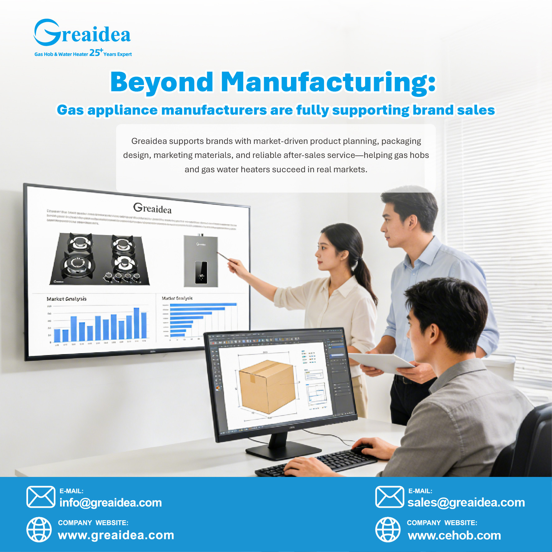 Greaidea ofrece diseño de embalajes y materiales de marketing de aparatos a gas para ayudar a los clientes.