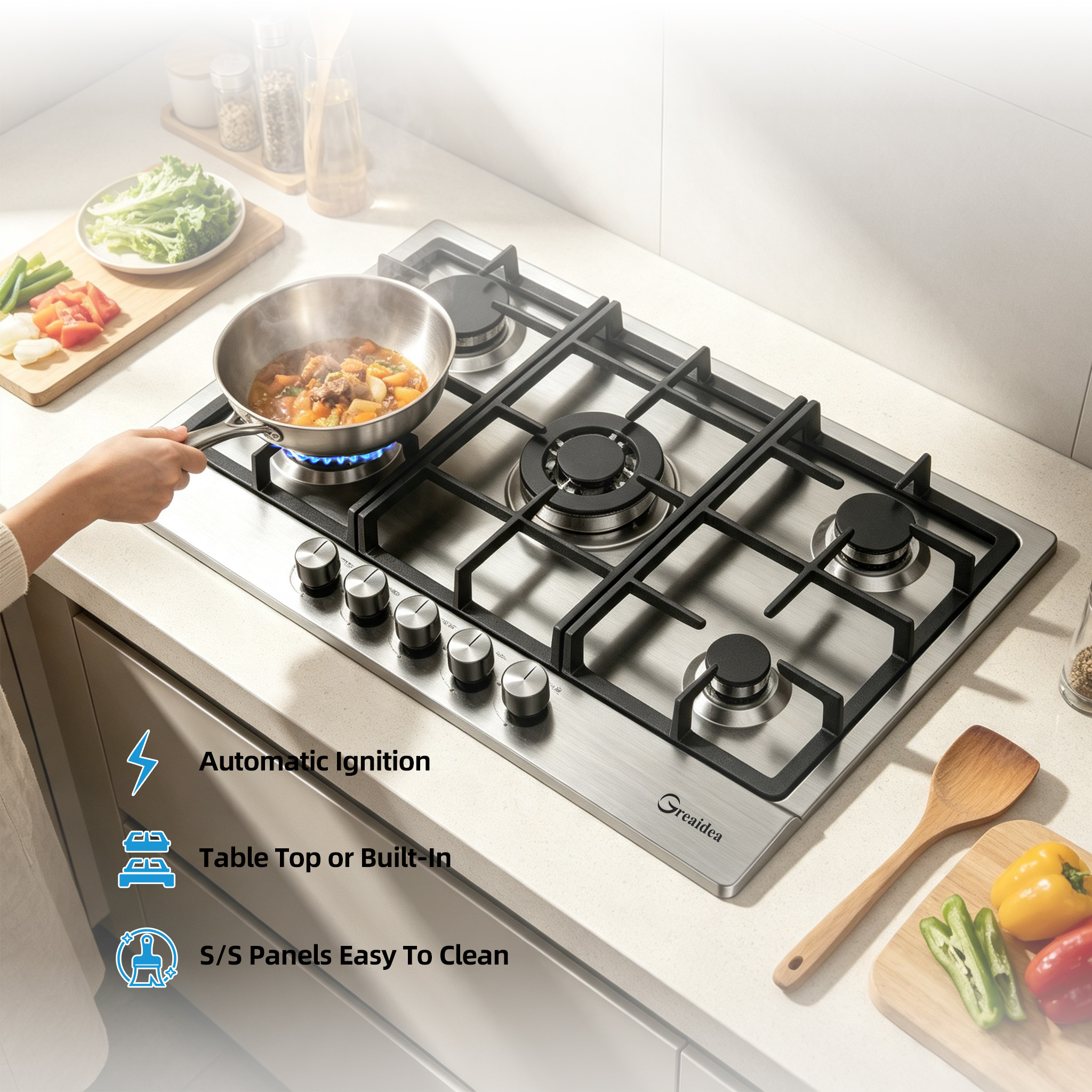 stainless steel built in gas hob
