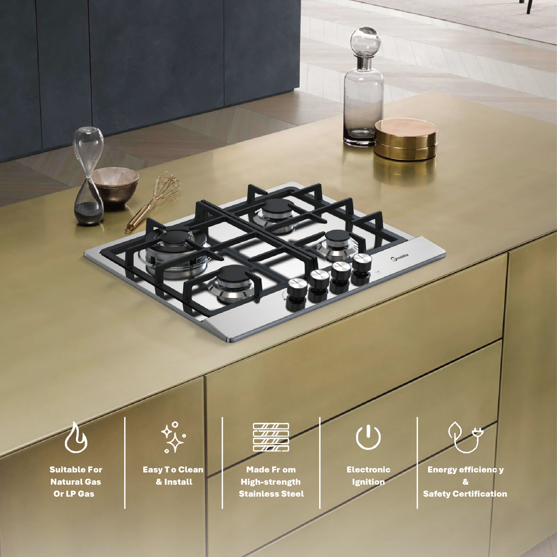 Placa de gas de 4 quemadores de Greaidea en la cocina