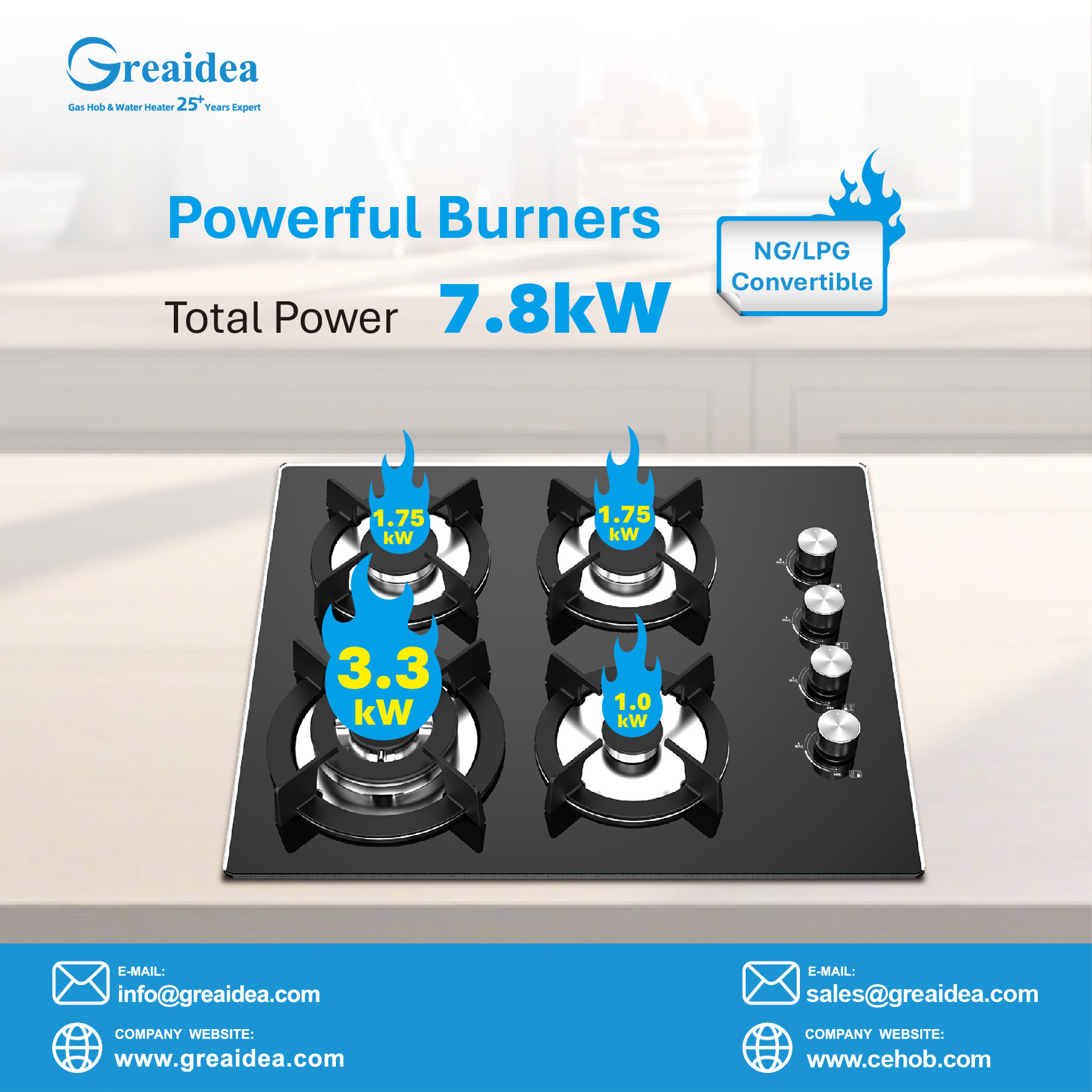 Greaidea's built in gas hob with powerful burners