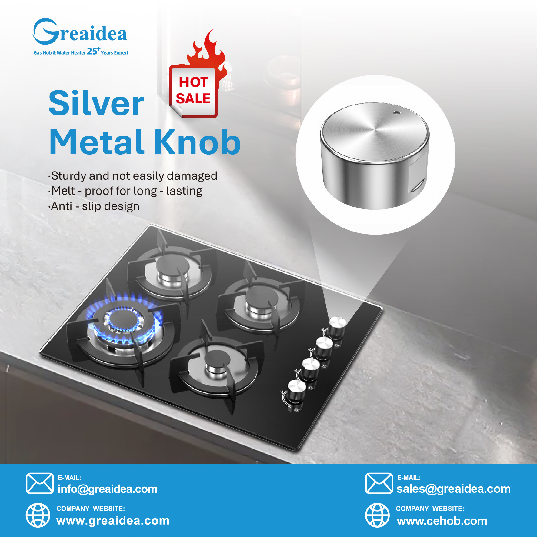 Greaidea's 4 burner glass gas hob with silver metal knob