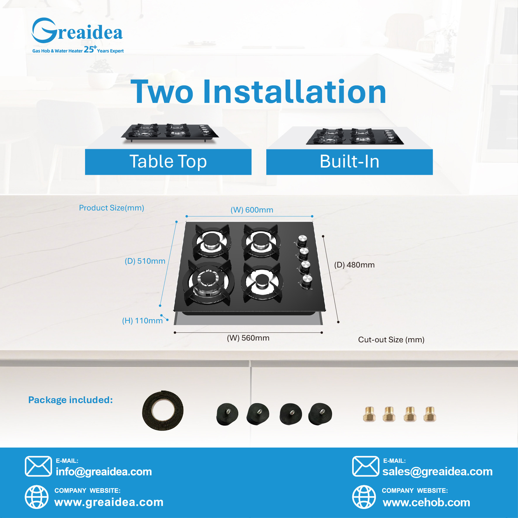 Two installation methods of Greaidea's built-in gas hob