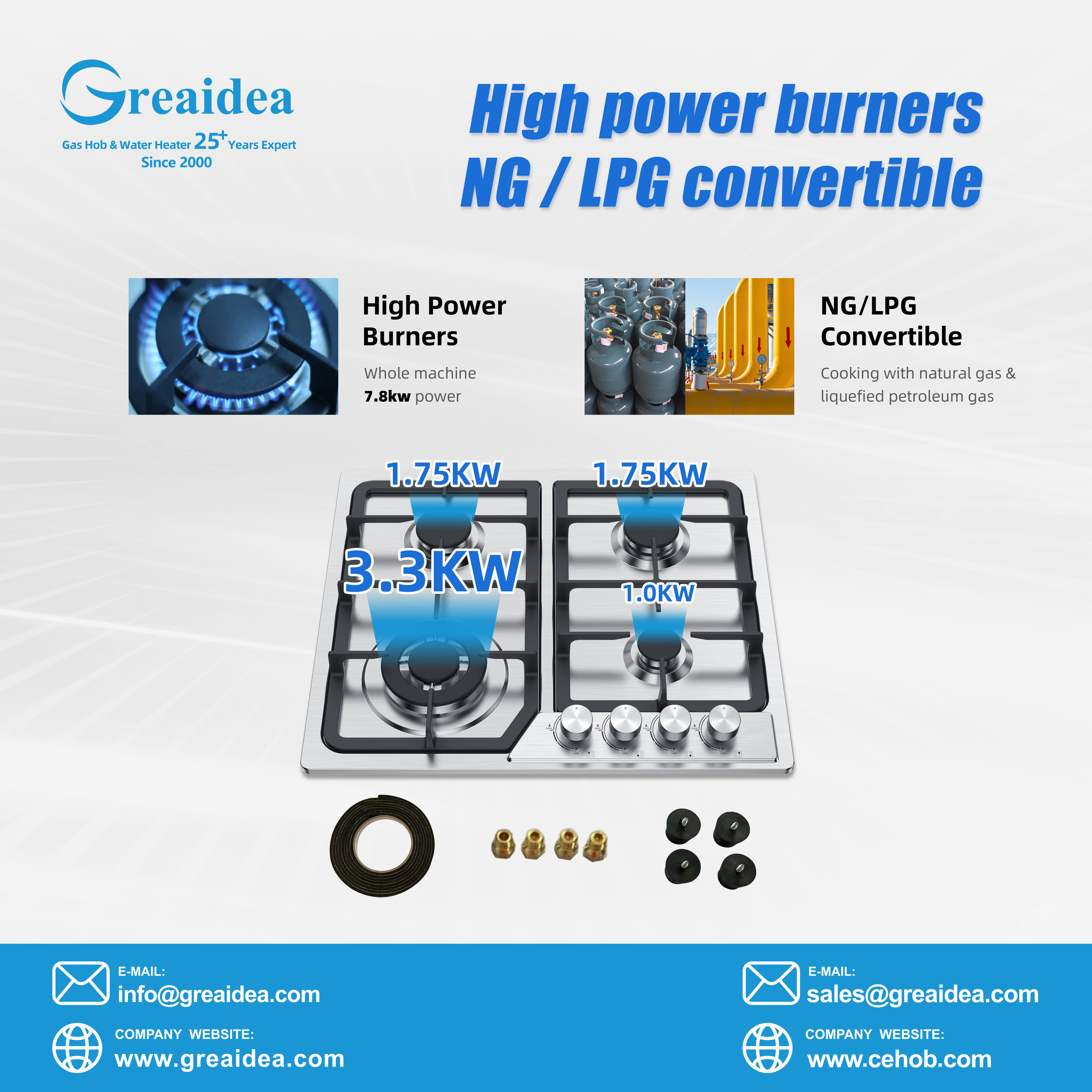 Greaidea's built in 4 burner gas hob with high power burners