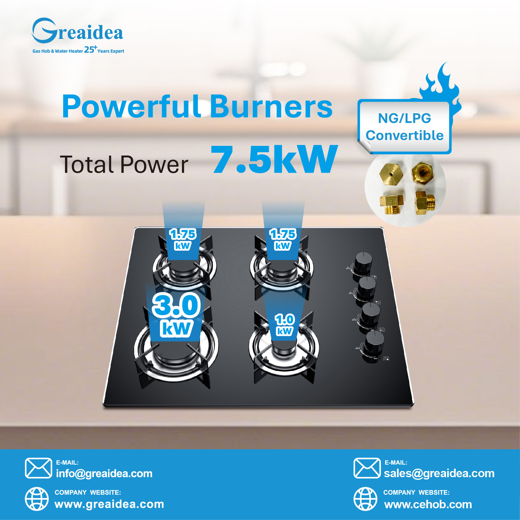 Greaidea's built in gas hob with powerful burners