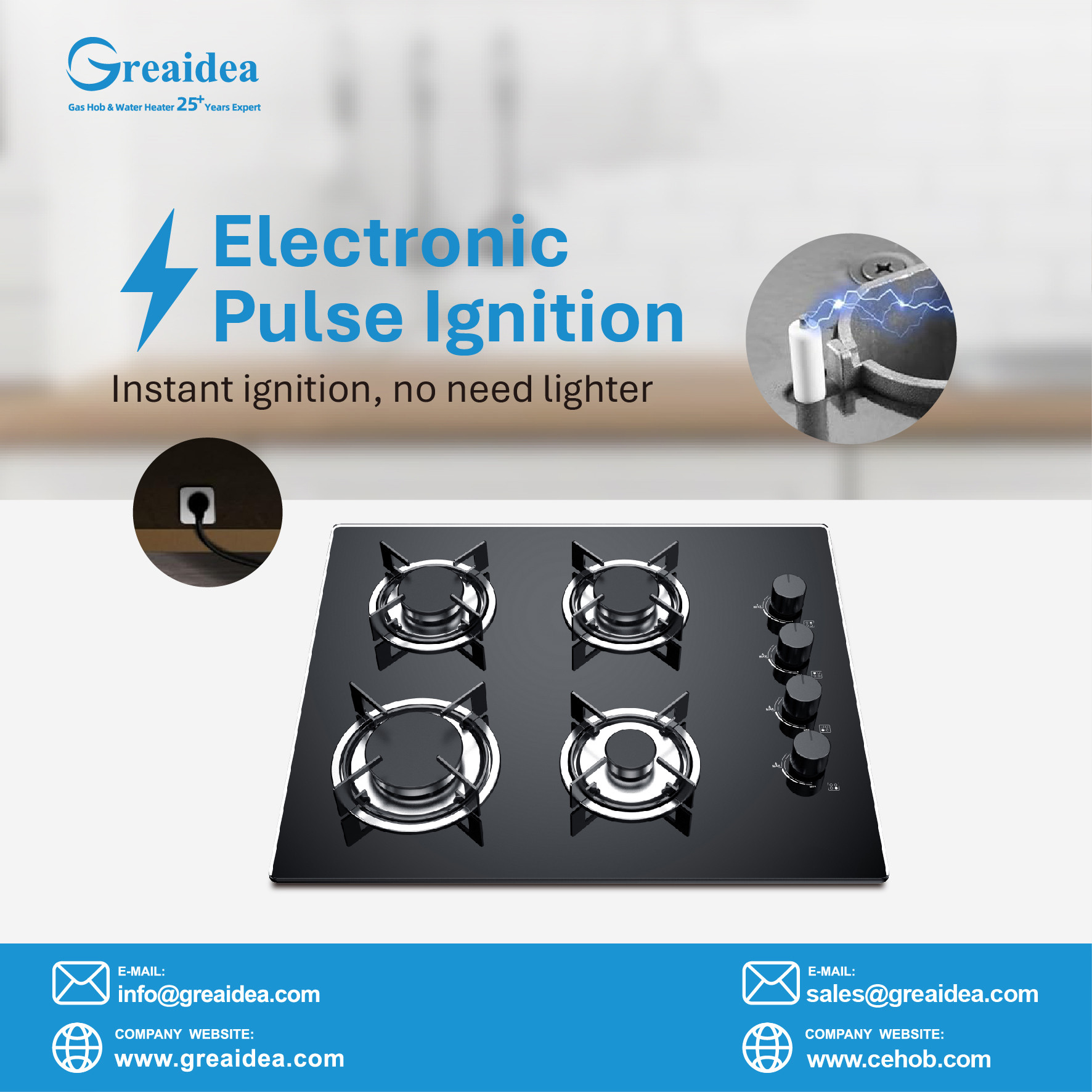 Greaidea's 4 burner gas hob with electronic pulse ignition