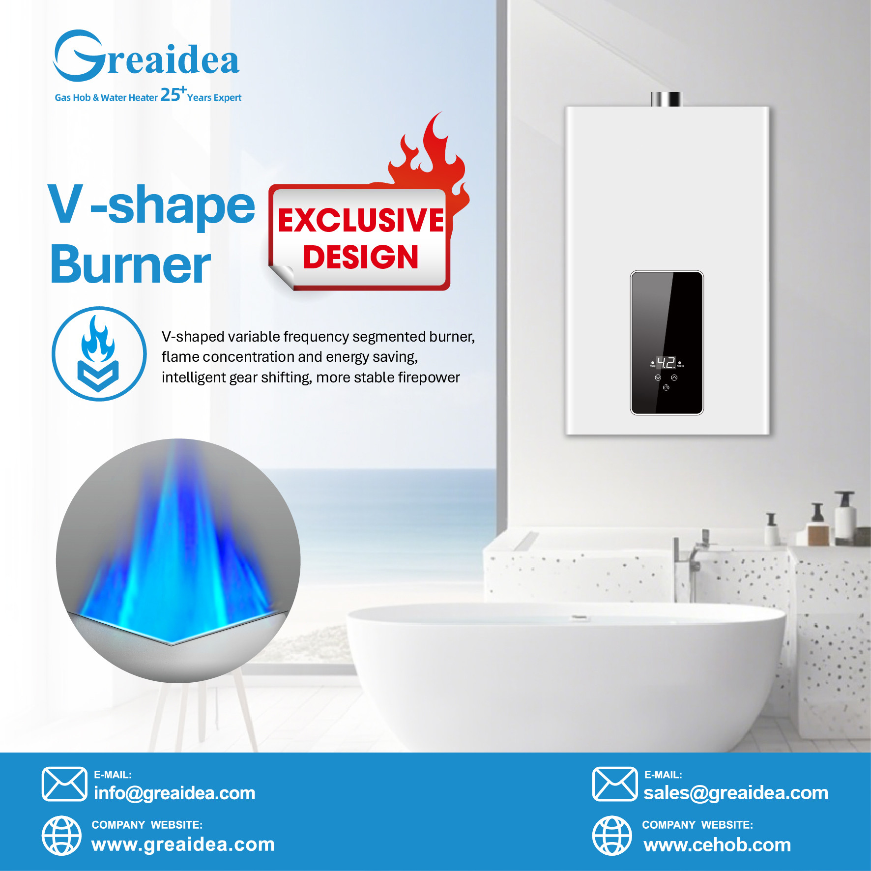 Greaidea's Air-Cooled Constant Temperature Gas Water Heater with V-shape burner