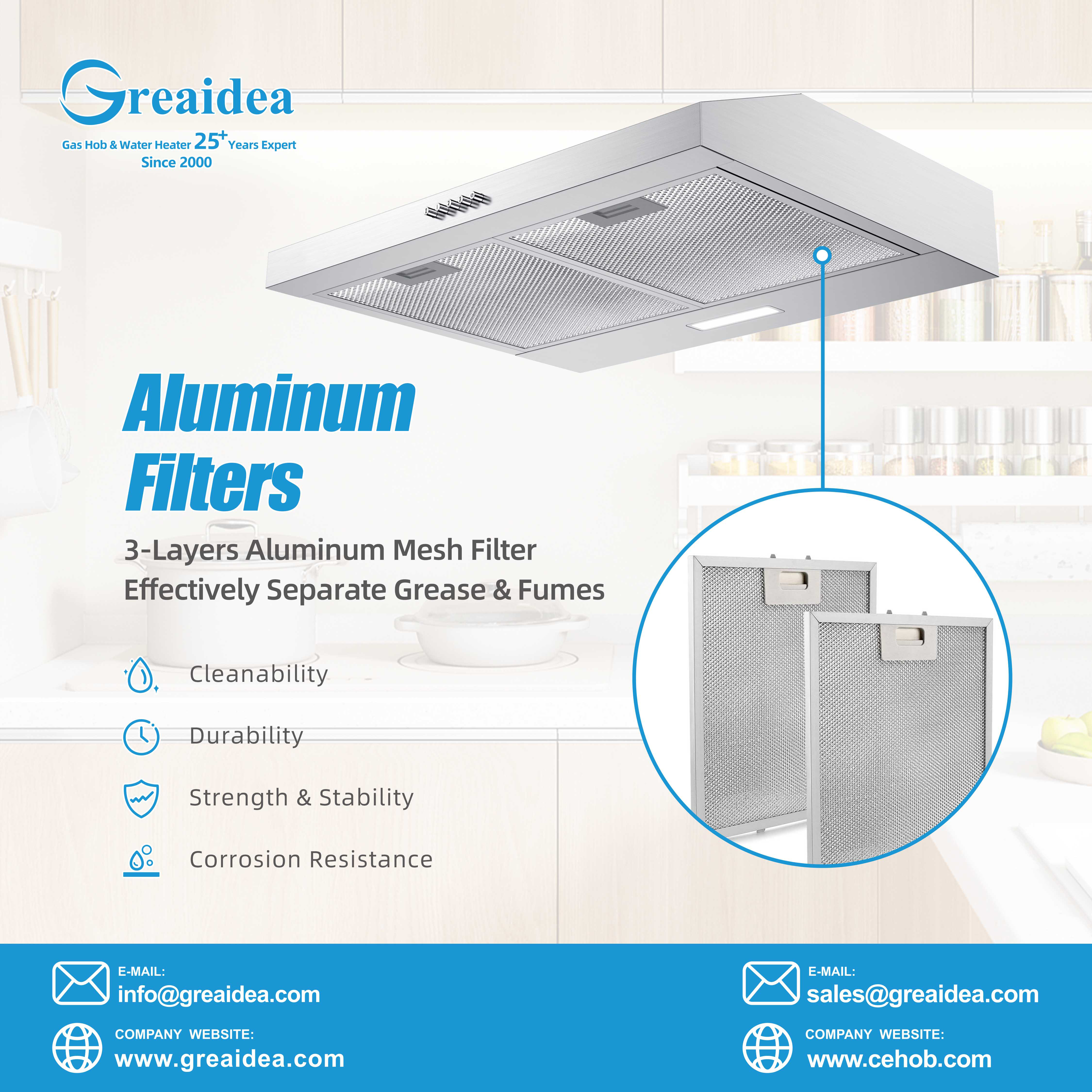  Greaidea's range hoods feature 3-Layer AluminumGrease Filter