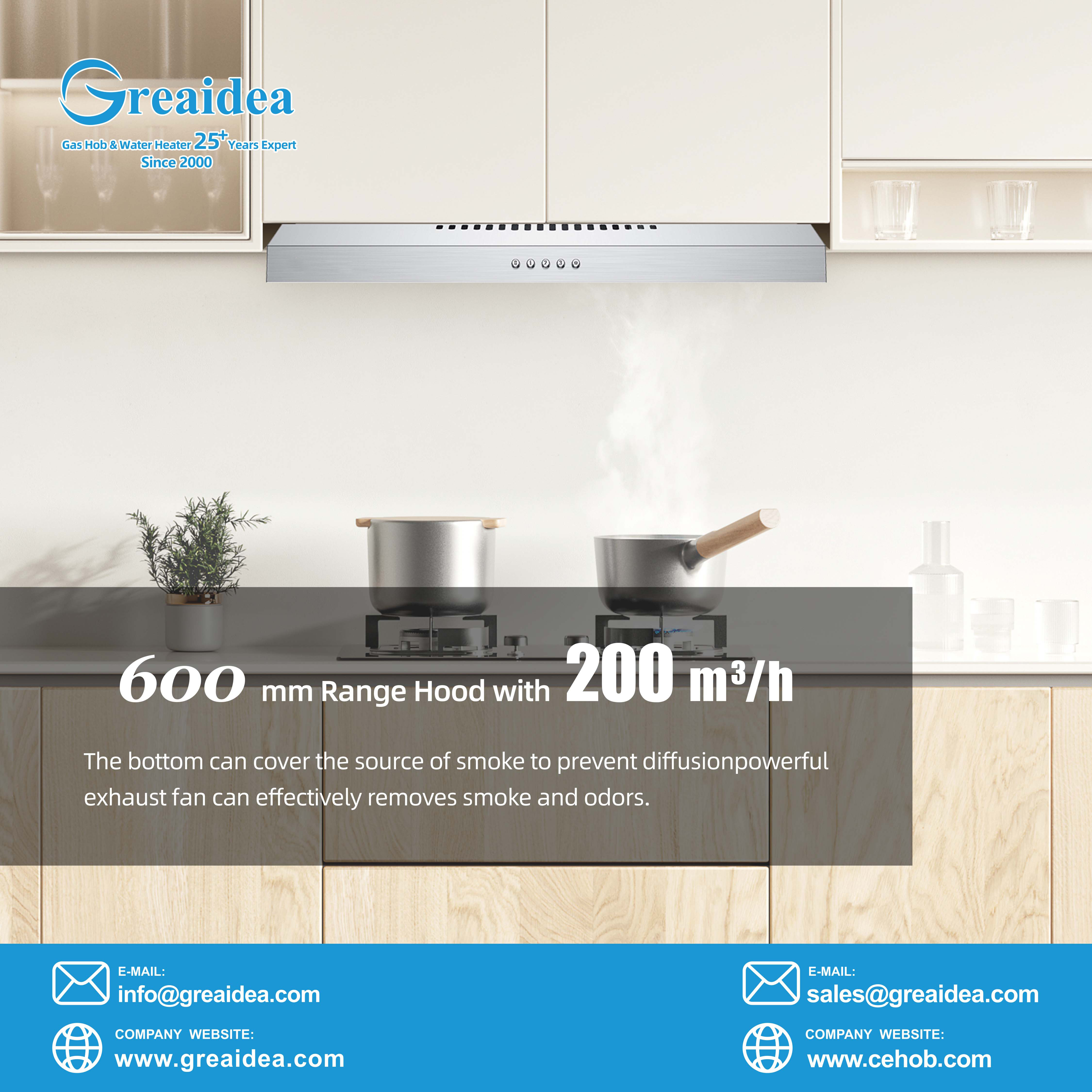  Greaidea's 600 mm under cabinet Range Hood with 200 m³/h
