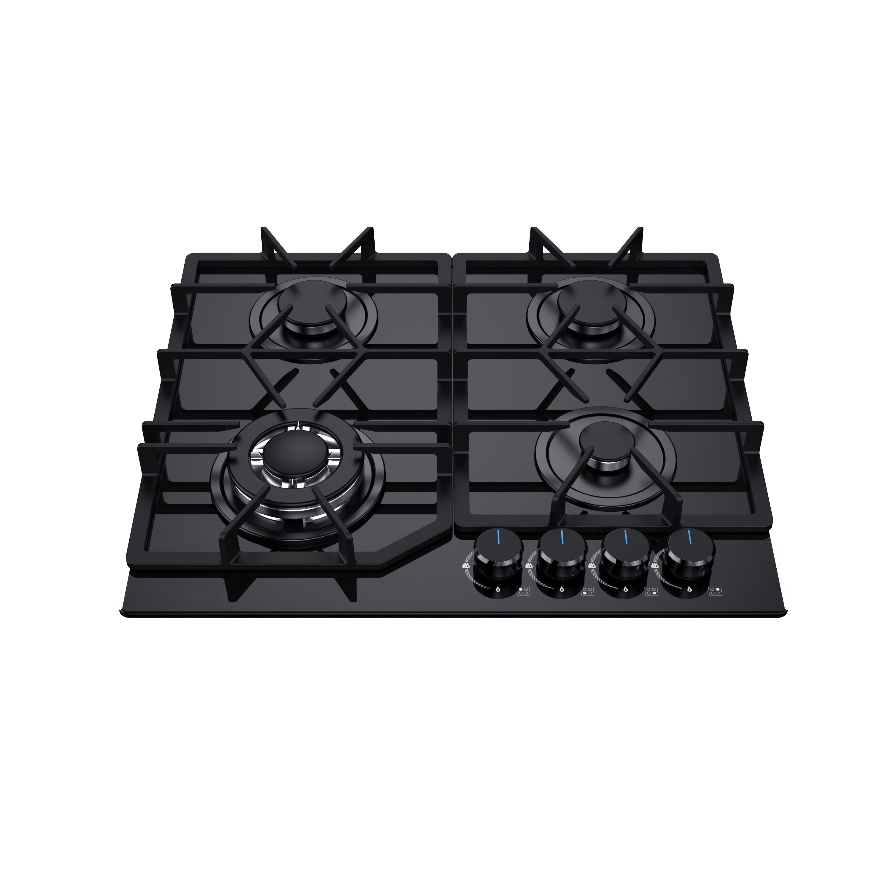 Greaidea's 4 burner glass gas hob features big cast iron pan support