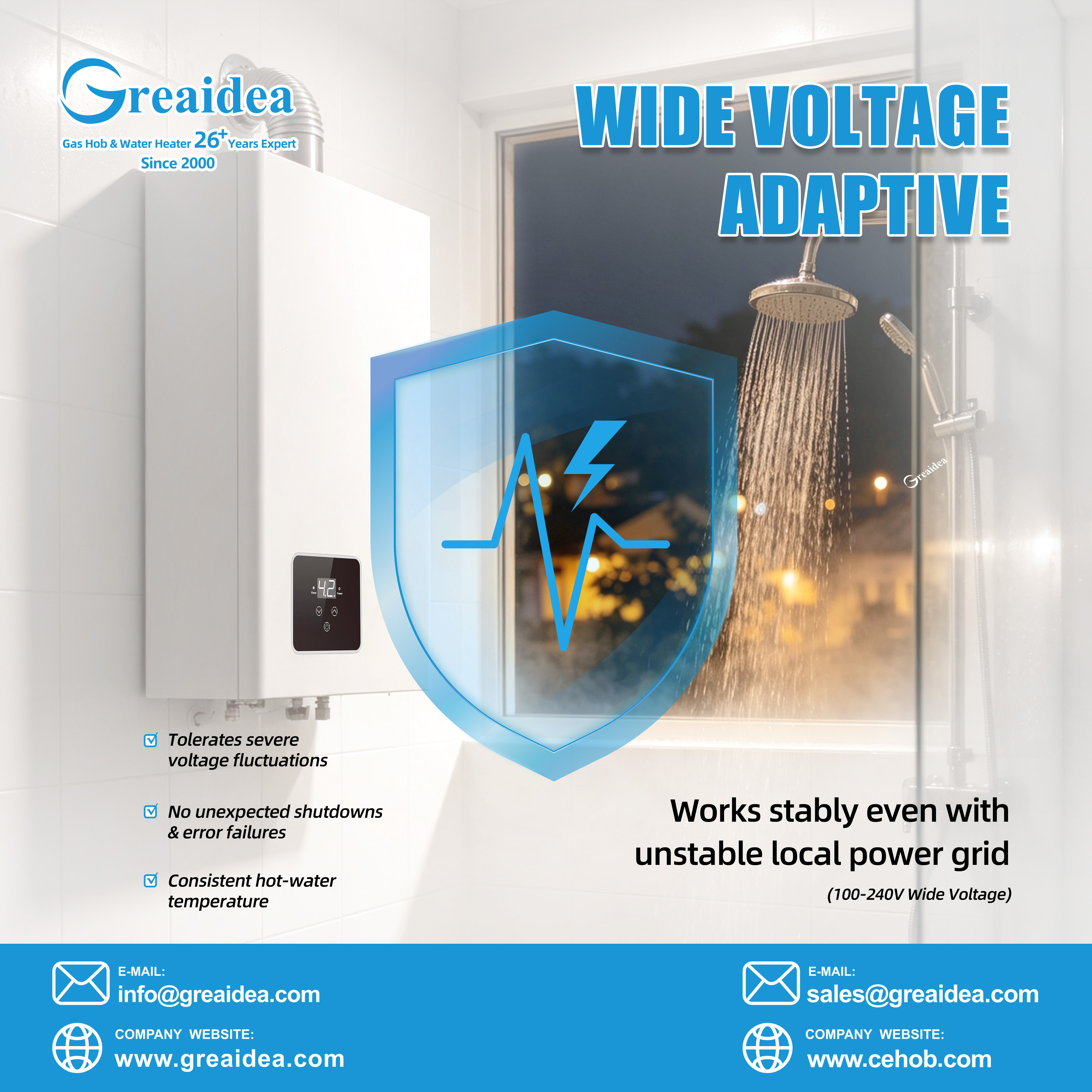 Greaidea gas water heaters are compatible with different voltages.