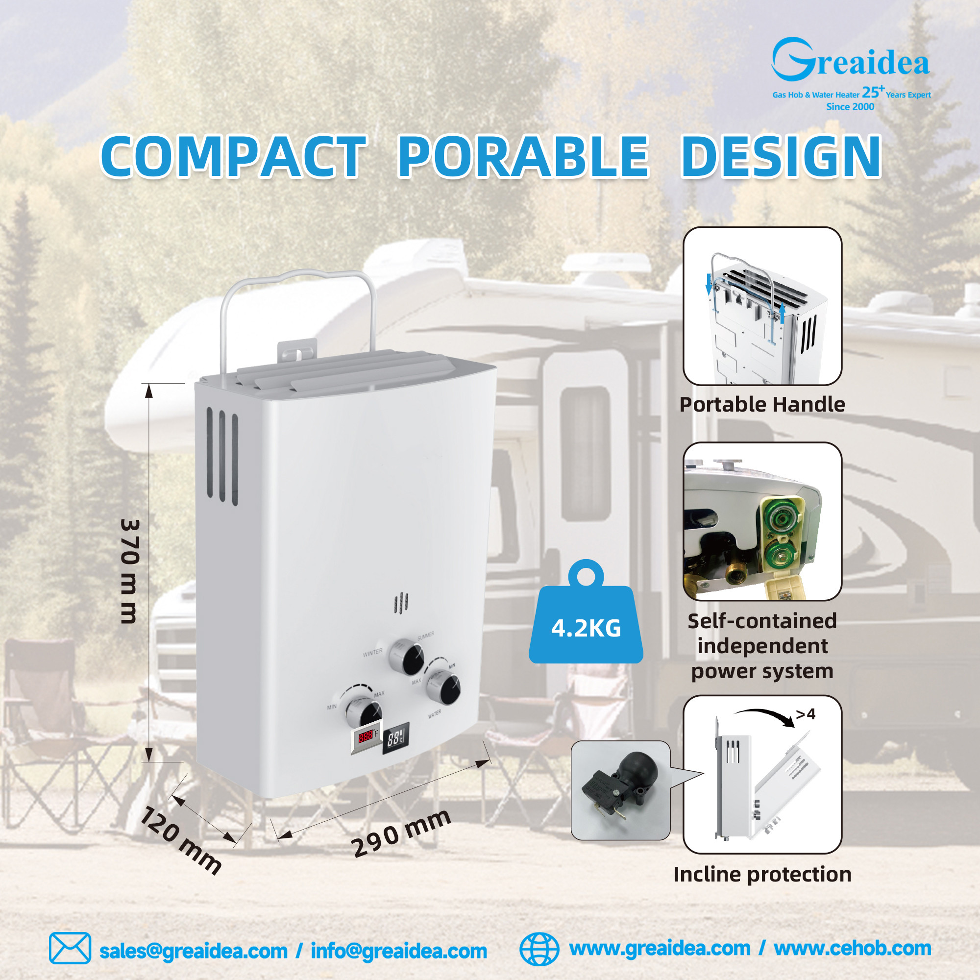 Greaidea's camping gas water heater with compact porable design