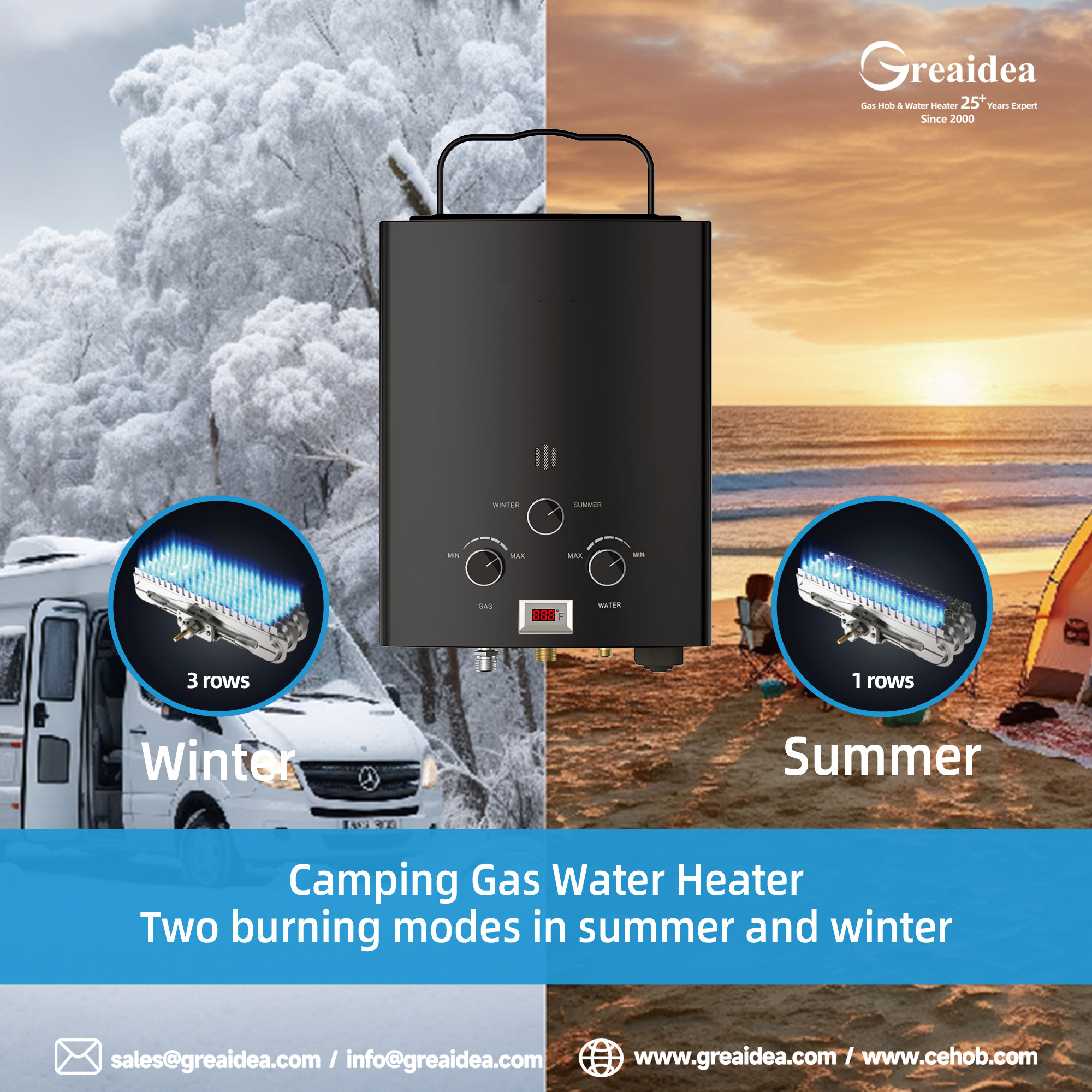 Greaidea's camping Gas Water HeaterTwo burning modes in summer and winter