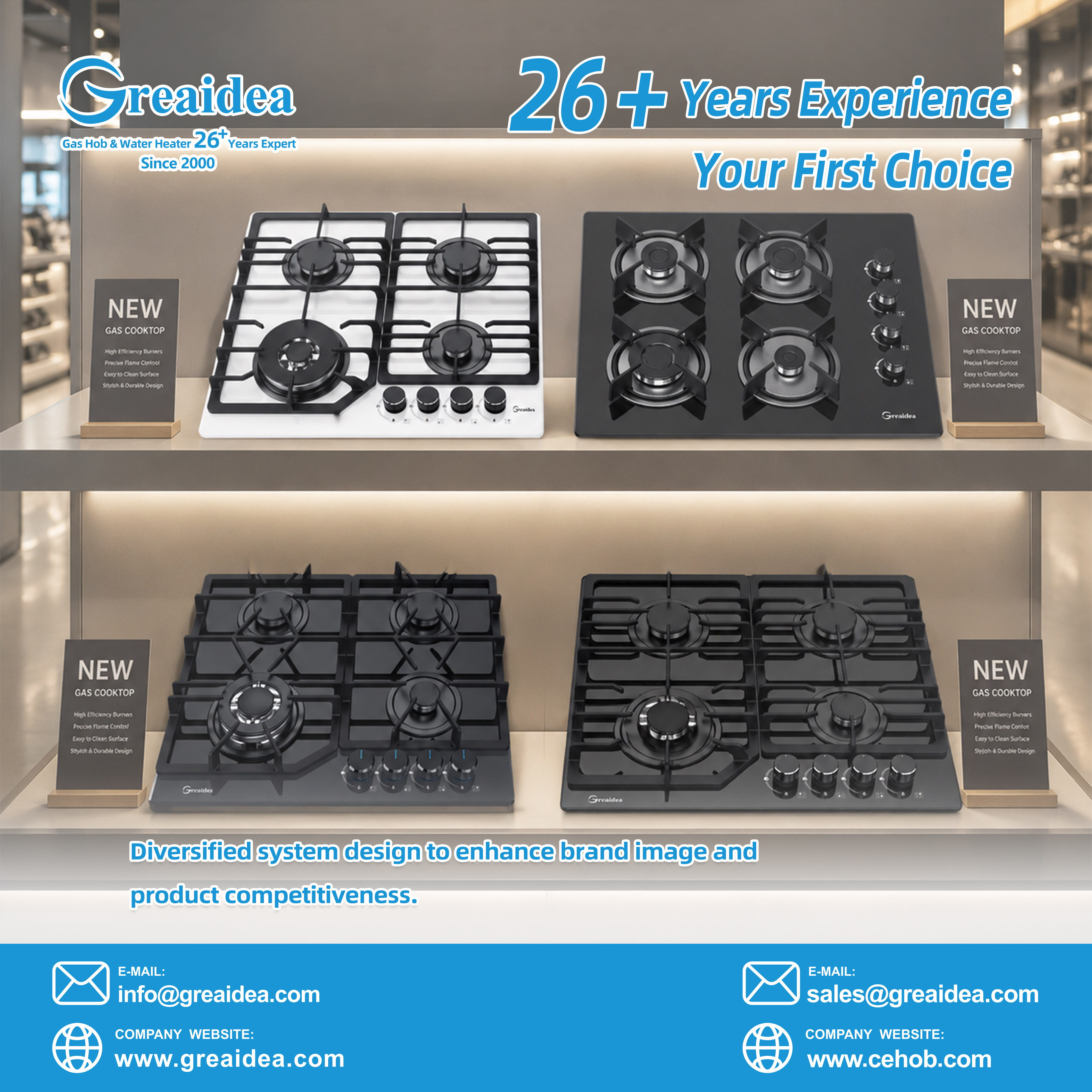 Placas de gas de cuatro quemadores con varios diseños