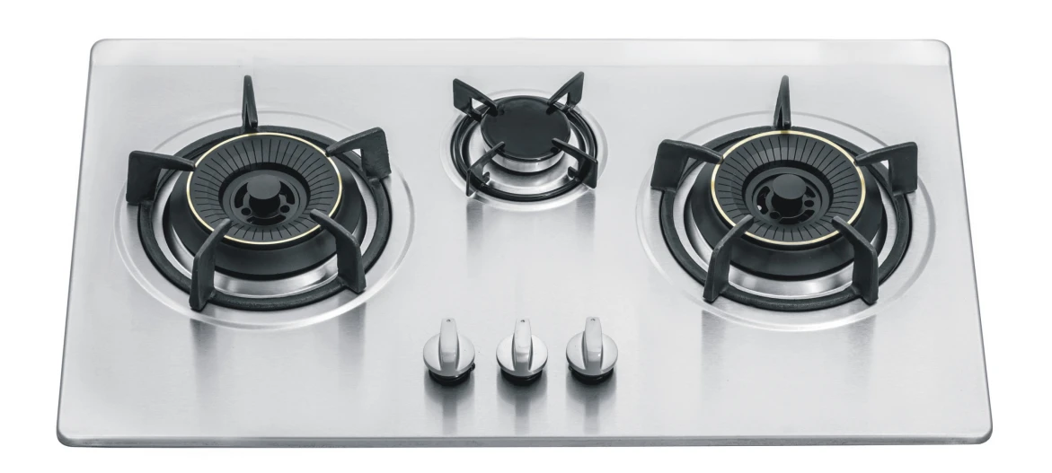 Greaidea's three-burner stainless steel gas hob features cast iron pan support