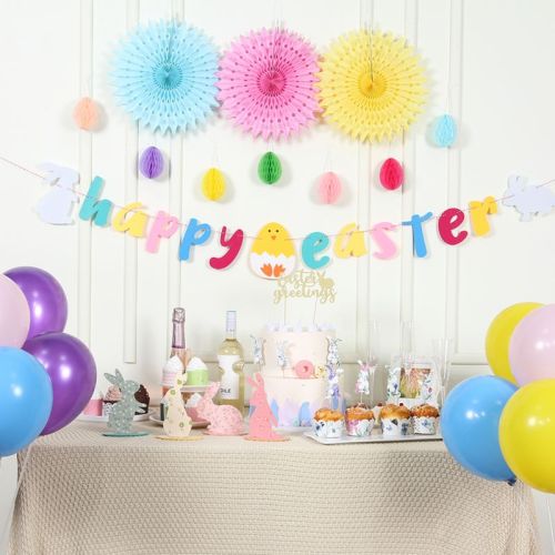 Décorations suspendues en nid d'abeille | Joyeuse bannière d'oeufs de Pâques | Vente en gros de fournitures de fête à thème de printemps
