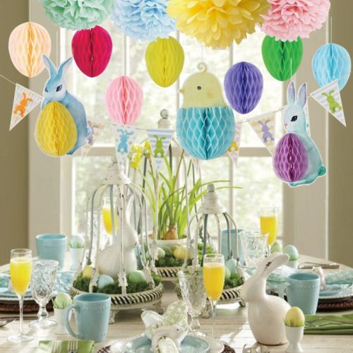 Décorations de bannière de nid d'abeilles de lapin d'oeufs pour Pâques | Joyeuses Pâques décorations de fête en gros