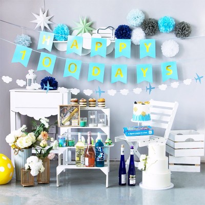Bannières de fanions pour décor de fête pour garçons | Vente en gros de fournitures de fête à thème Happy 100 Day Baby Blue