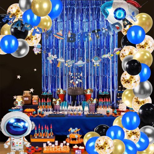 Kit de ballons d'anniversaire | Décoration de fête sur le thème de l'espace avec des ballons de fusée d'astronaute en toile de fond de l'espace