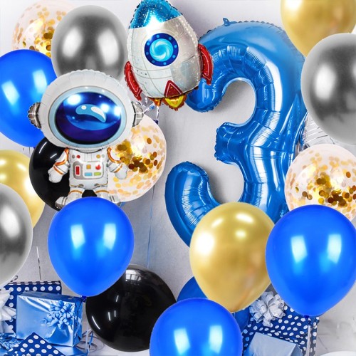 Kit de ballons d'anniversaire | Décoration de fête sur le thème de l'espace avec des ballons de fusée d'astronaute en toile de fond de l'espace