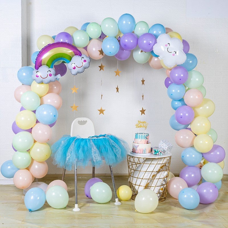 macaron rainbow balloon arch