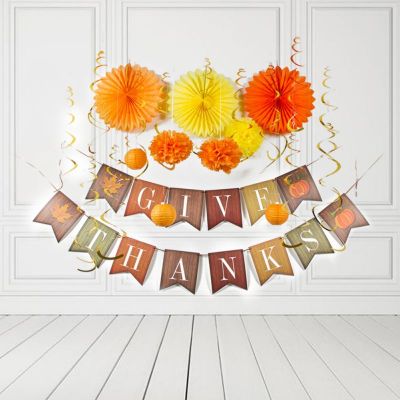 Give Thanks Banner Paper Fans Hanging Swirls | Thanksgiving Party Decorations Kit Wholesale