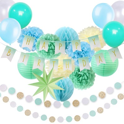 Décorations de fête d'anniversaire | Vente en gros de pompons en tissu de bannière de joyeux anniversaire sur le thème vert menthe