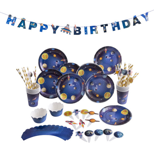 Assiettes en papier Pailles Gobelets Bannière Cake Toppers Wrappers | Décorations de fête sur le thème de la planète Univers