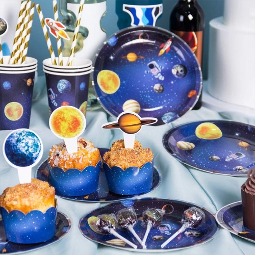 Assiettes en papier Pailles Gobelets Bannière Cake Toppers Wrappers | Décorations de fête sur le thème de la planète Univers