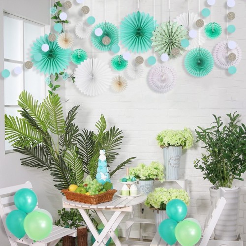 Décorations d'éventails en papier de soie | Guirlandes de ficelles suspendues or vert menthe | Décor suspendu en toile de fond