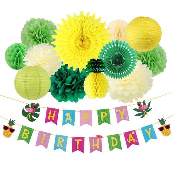 Luau-Geburtstagsfeier-Dekorationen, tropische Happy Birthday-Banner, Ananas, Wabenball-Pompons