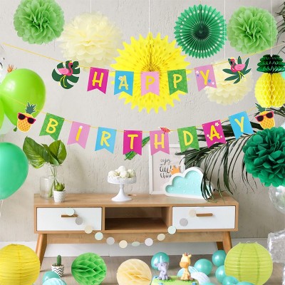 Luau Birthday Party Decorations Tropical Happy Birthday Banner Pineapples Honeycomb Ball Pompoms